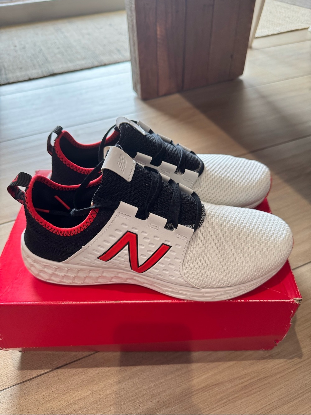 New Balance White, Black & Red Slip-On Tie Athletic Sneakers